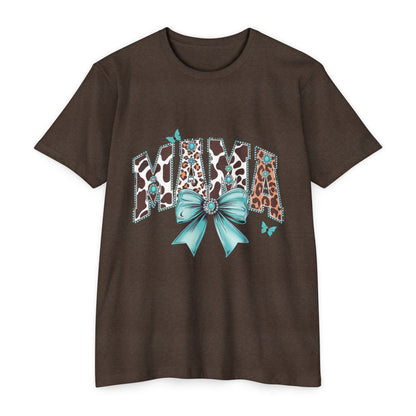 Mama Leopard Print Ribbon T‑Shirt — Teal Bow Mom Shirt