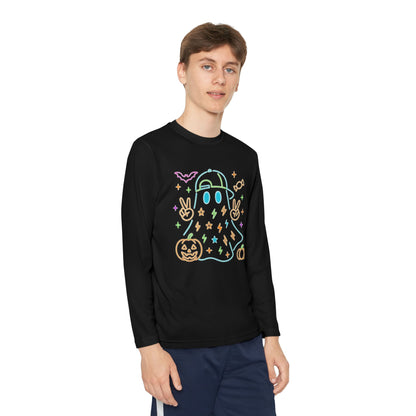 Youth Long Sleeve Ghost Tee, Halloween Shirt, Pumpkin Design, Cute Apparel, Kids' Holiday Wear, Spooky Fun Top