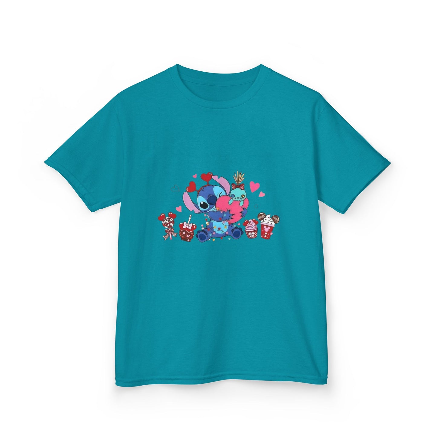 Stitch- Kids Valentine Alien Tee — Cute Blue Alien Hugging Pink Heart Plushie