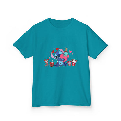 Stitch- Kids Valentine Alien Tee — Cute Blue Alien Hugging Pink Heart Plushie