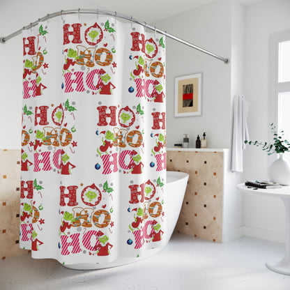 Festive Grinch Holiday Shower Curtain with 'HO HO HO' Design
