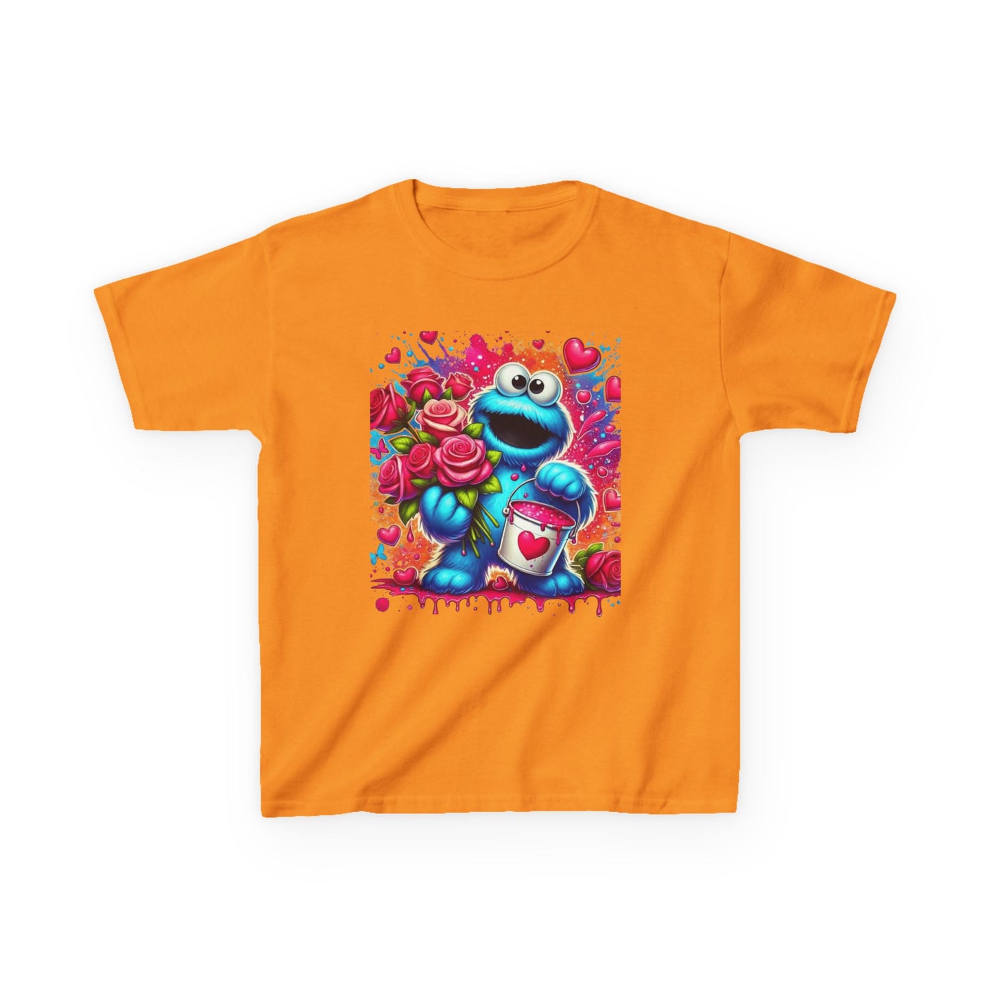 Valentine Blue Monster Kids Tee — Cute Fluffy Monster with Roses & Heart Paint