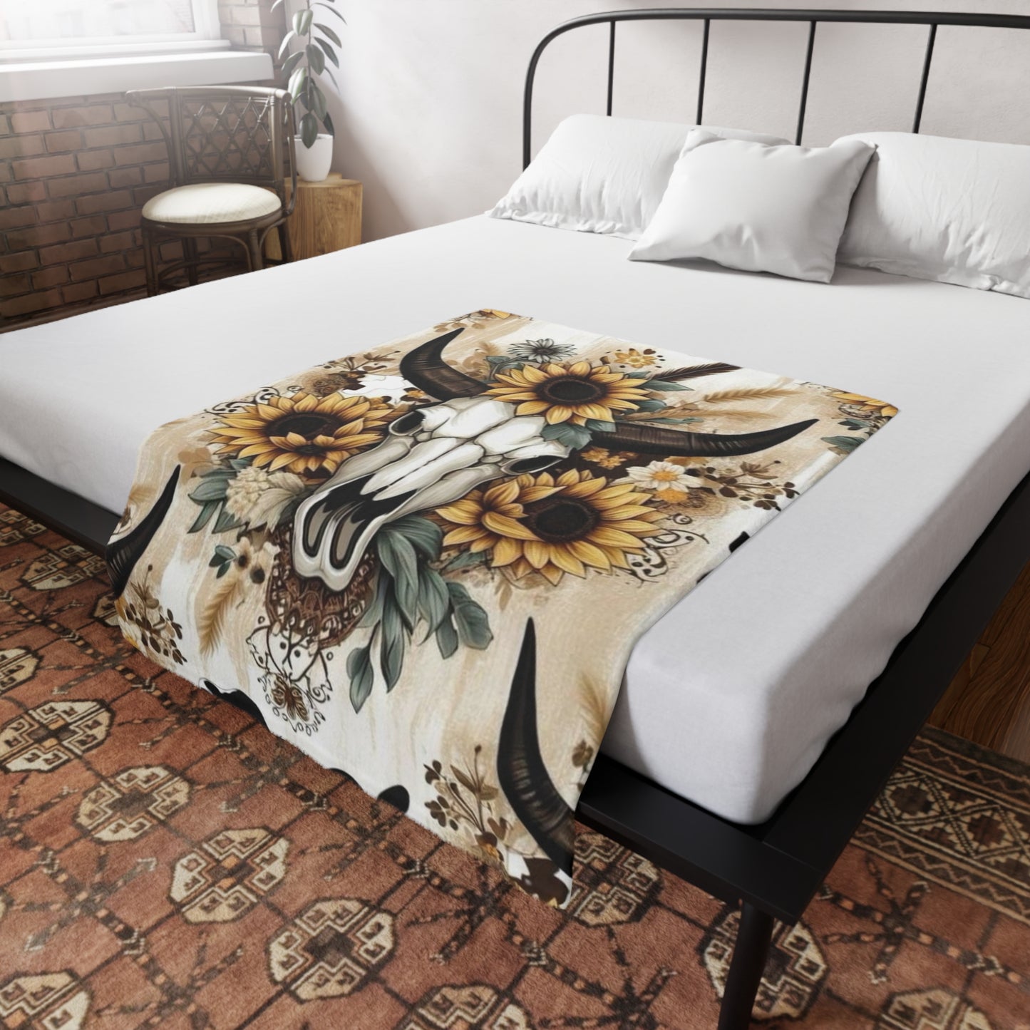 Floral Skull Bull Head Plush Fleece Blanket
