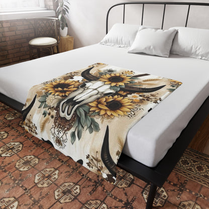 Floral Skull Bull Head Plush Fleece Blanket