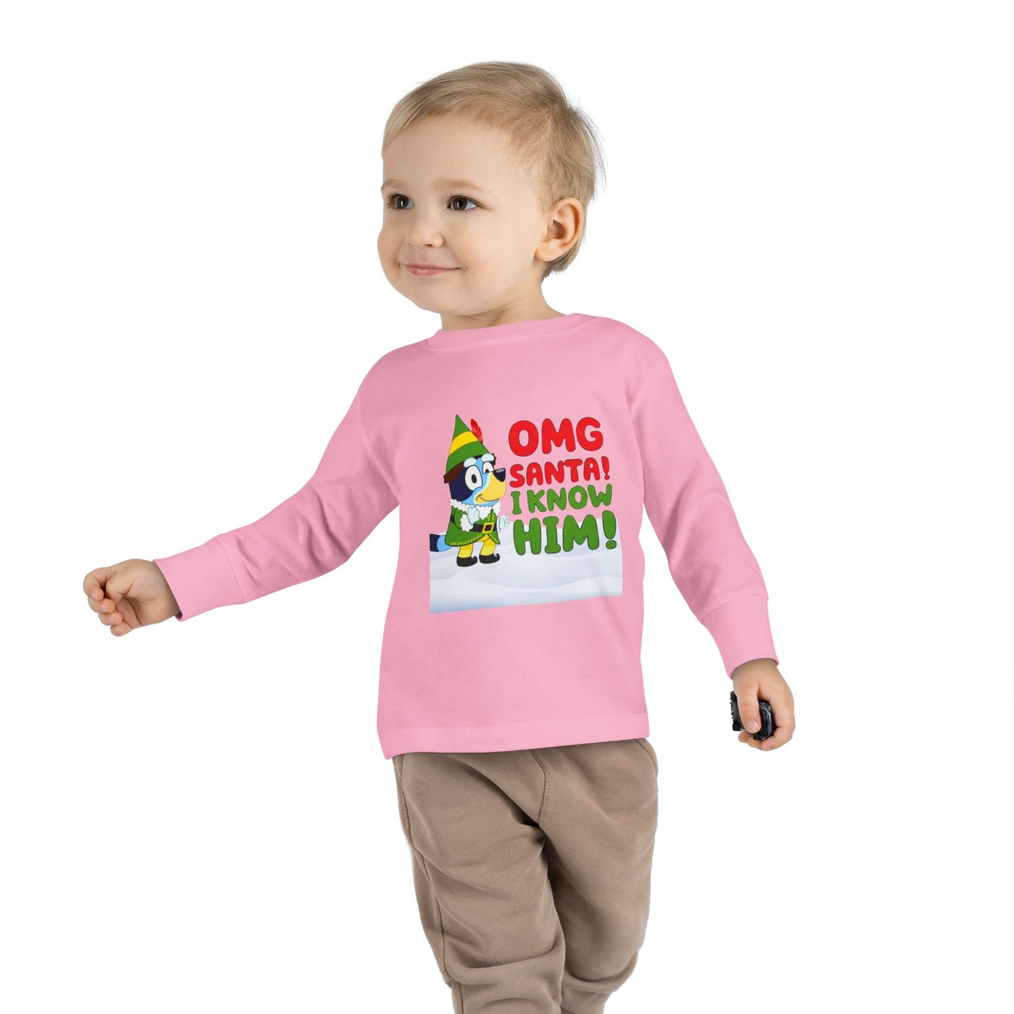 BLUE-Y Toddler Long Sleeve Tee — "OMG Santa! I Know Him!" DOG Christmas Shirt