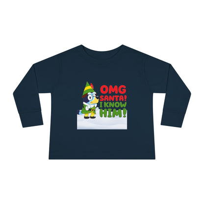 BLUE-Y Toddler Long Sleeve Tee — "OMG Santa! I Know Him!" DOG Christmas Shirt