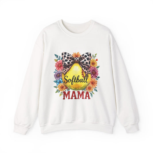 Softball Mama Crewneck Sweatshirt — Floral Softball Design with Leopard Bow