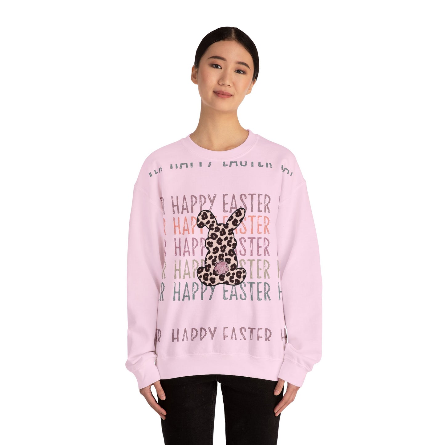 Easter Leopard Bunny Sweatshirt — "Happy Easter" Pastel Graphic Crewneck