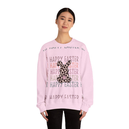 Easter Leopard Bunny Sweatshirt — "Happy Easter" Pastel Graphic Crewneck