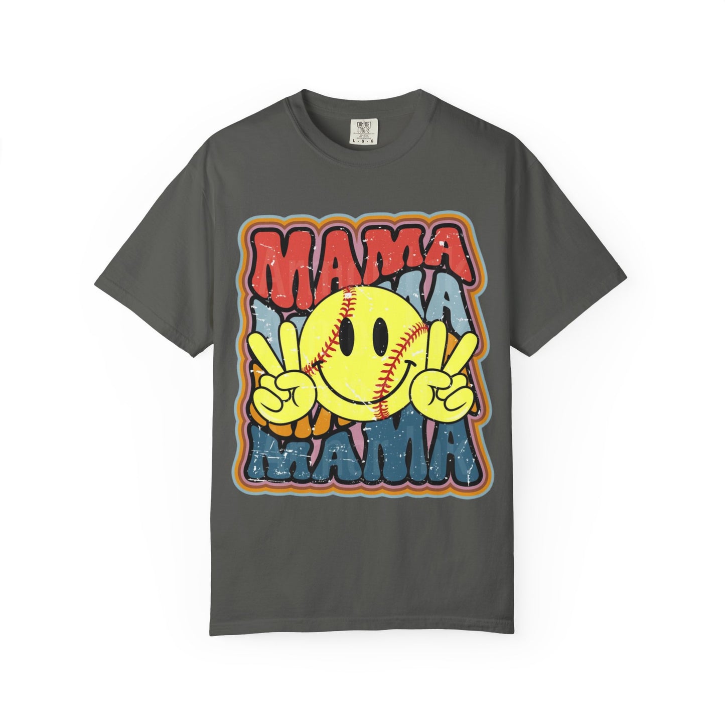 Mama Softball Smile T-Shirt — Retro Peace Sign Softball Mom Tee
