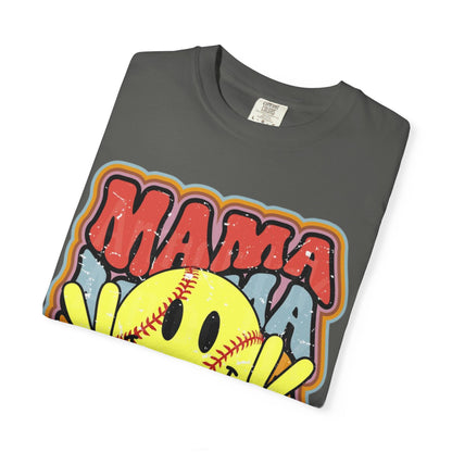 Mama Softball Smile T-Shirt — Retro Peace Sign Softball Mom Tee