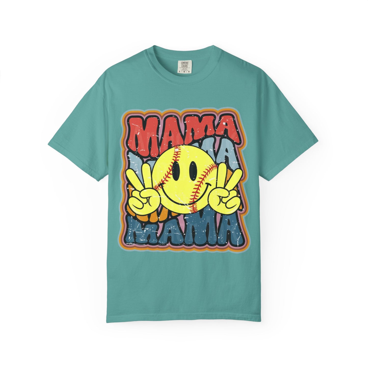 Mama Softball Smile T-Shirt — Retro Peace Sign Softball Mom Tee