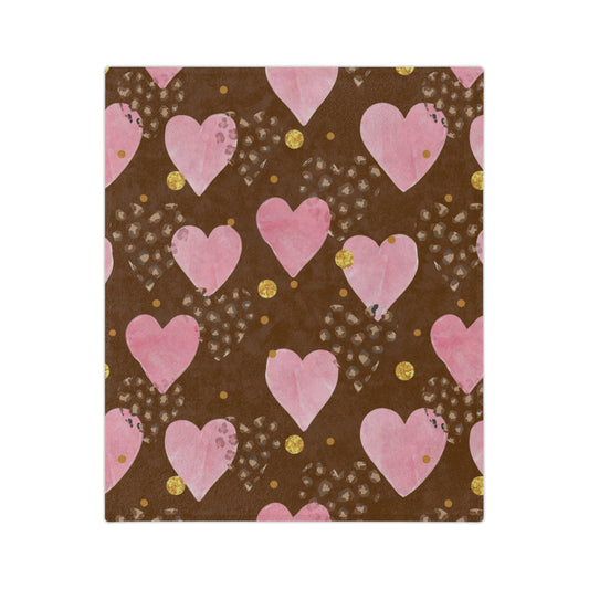 Plush Microfiber Blanket — Pink Watercolor Hearts on Chocolate Background
