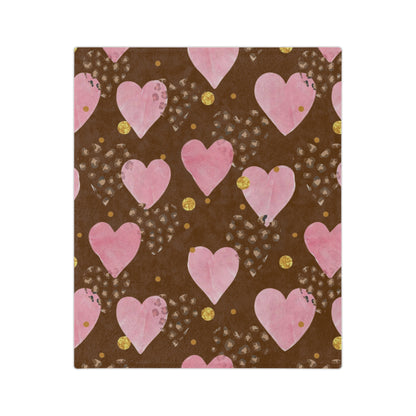 Plush Microfiber Blanket — Pink Watercolor Hearts on Chocolate Background