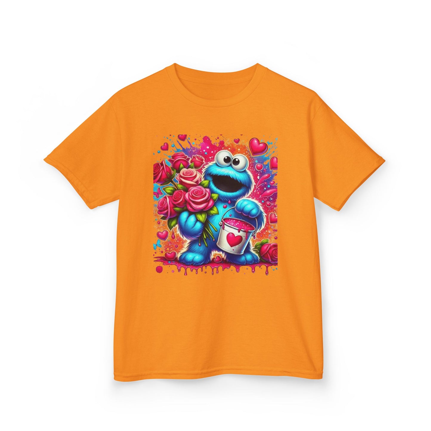Valentine Blue Monster Kids Tee — Cute Fluffy Monster with Roses & Heart Paint