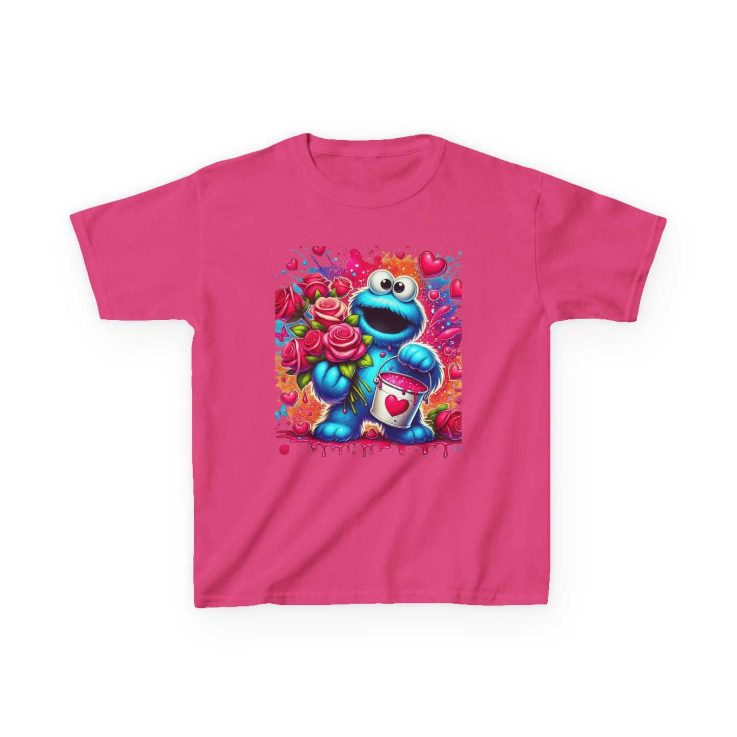 Valentine Blue Monster Kids Tee — Cute Fluffy Monster with Roses & Heart Paint