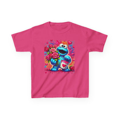 Valentine Blue Monster Kids Tee — Cute Fluffy Monster with Roses & Heart Paint