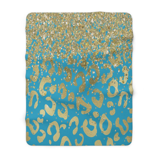 Turquoise Gold Leopard Sherpa Blanket — Cozy Luxe Animal Print Throw