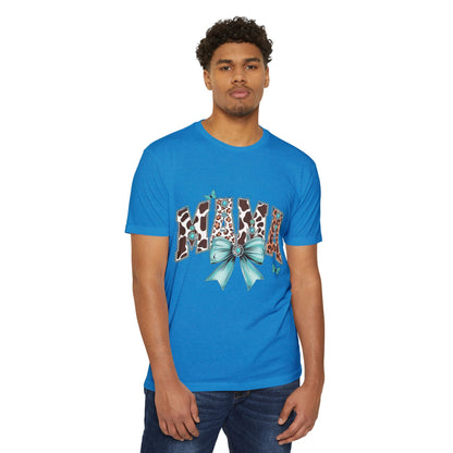 Mama Leopard Print Ribbon T‑Shirt — Teal Bow Mom Shirt