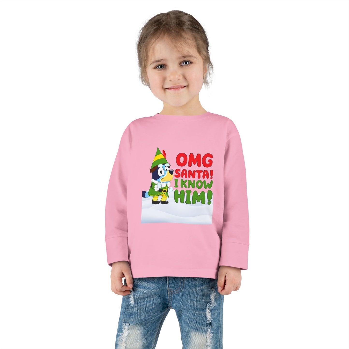 BLUE-Y Toddler Long Sleeve Tee — "OMG Santa! I Know Him!" DOG Christmas Shirt