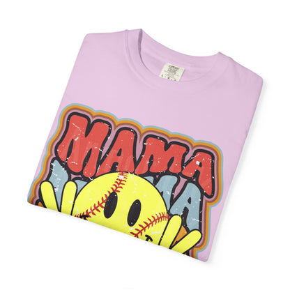 Mama Softball Smile T-Shirt — Retro Peace Sign Softball Mom Tee