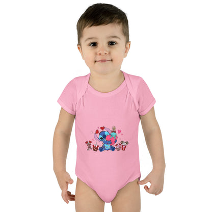 Stitch Valentine Baby Bodysuit — Cute Disney-Inspired Infant Onesie with Hearts & Treats
