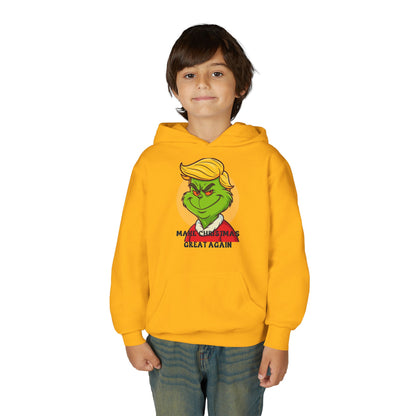 Youth Hoodie — Grinch Face Holiday Sweatshirt with 'Make Christmas Great Again' Text
