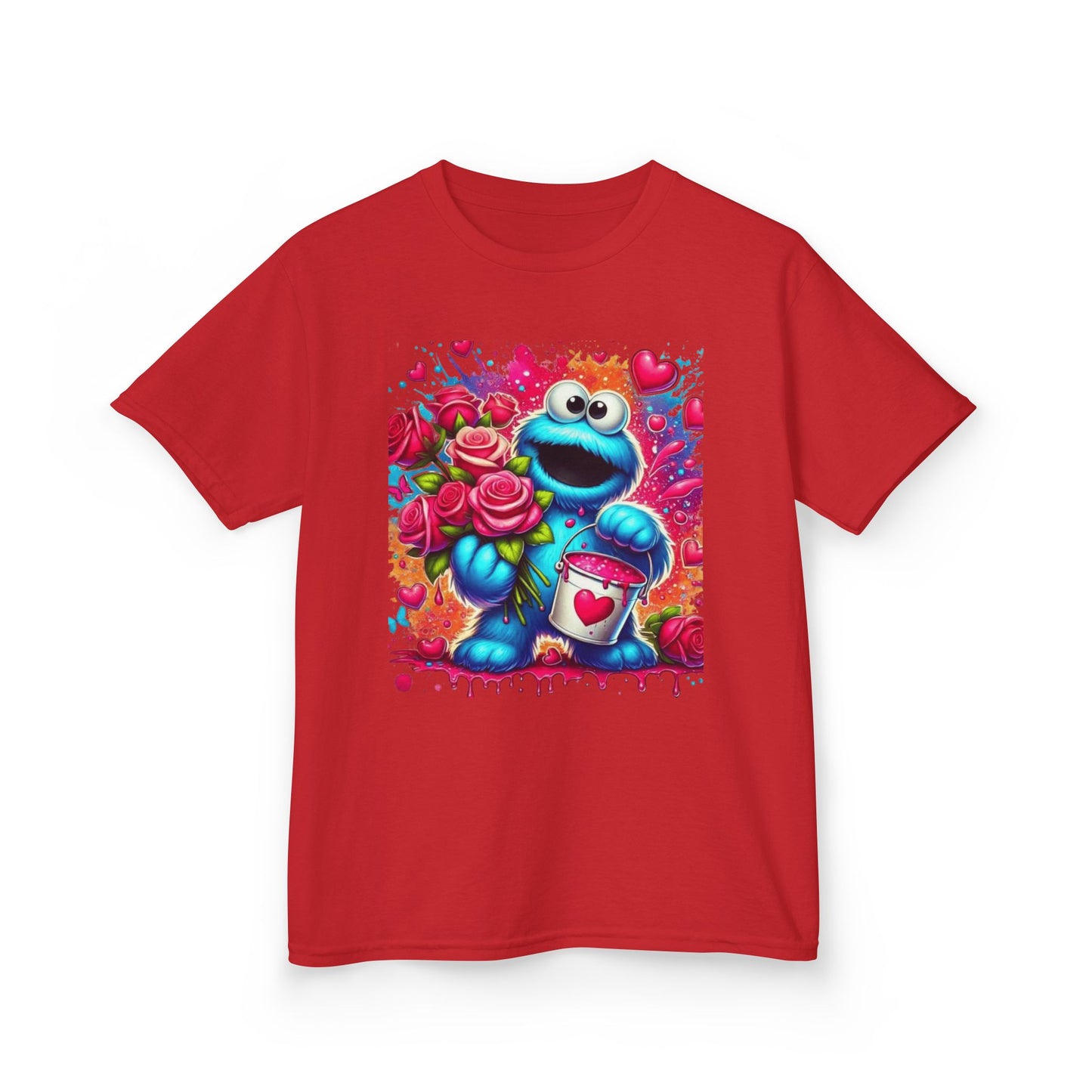 Valentine Blue Monster Kids Tee — Cute Fluffy Monster with Roses & Heart Paint