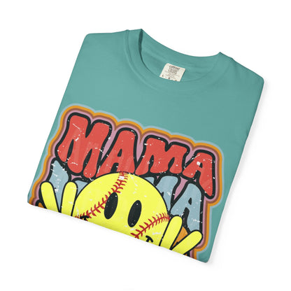 Mama Softball Smile T-Shirt — Retro Peace Sign Softball Mom Tee
