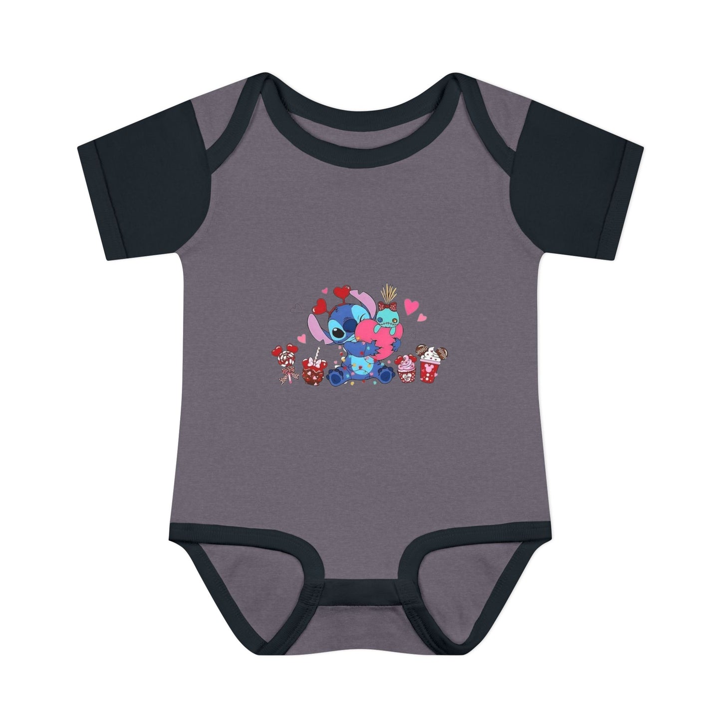 Stitch Valentine Baby Bodysuit — Cute Disney-Inspired Infant Onesie with Hearts & Treats