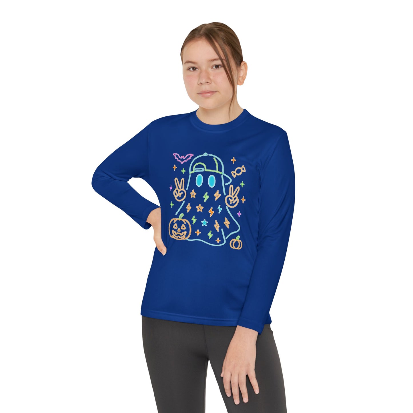 Youth Long Sleeve Ghost Tee, Halloween Shirt, Pumpkin Design, Cute Apparel, Kids' Holiday Wear, Spooky Fun Top