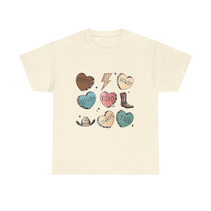 Cowgirl Candy Heart Tee — Cute Western Hearts Graphic T-Shirt (XOXO, Howdy, Y'all)