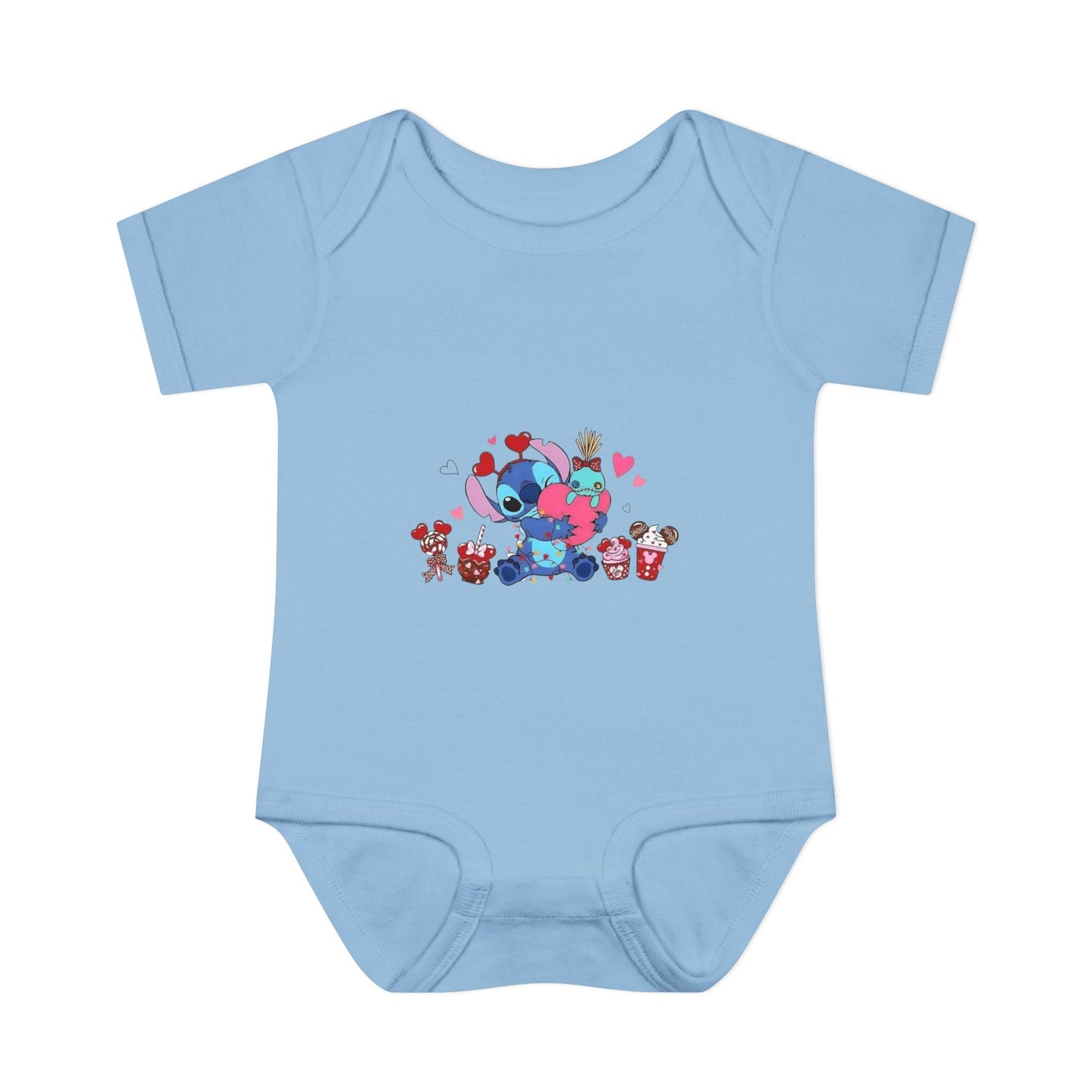 Stitch Valentine Baby Bodysuit — Cute Disney-Inspired Infant Onesie with Hearts & Treats