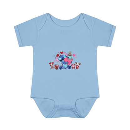Stitch Valentine Baby Bodysuit — Cute Disney-Inspired Infant Onesie with Hearts & Treats