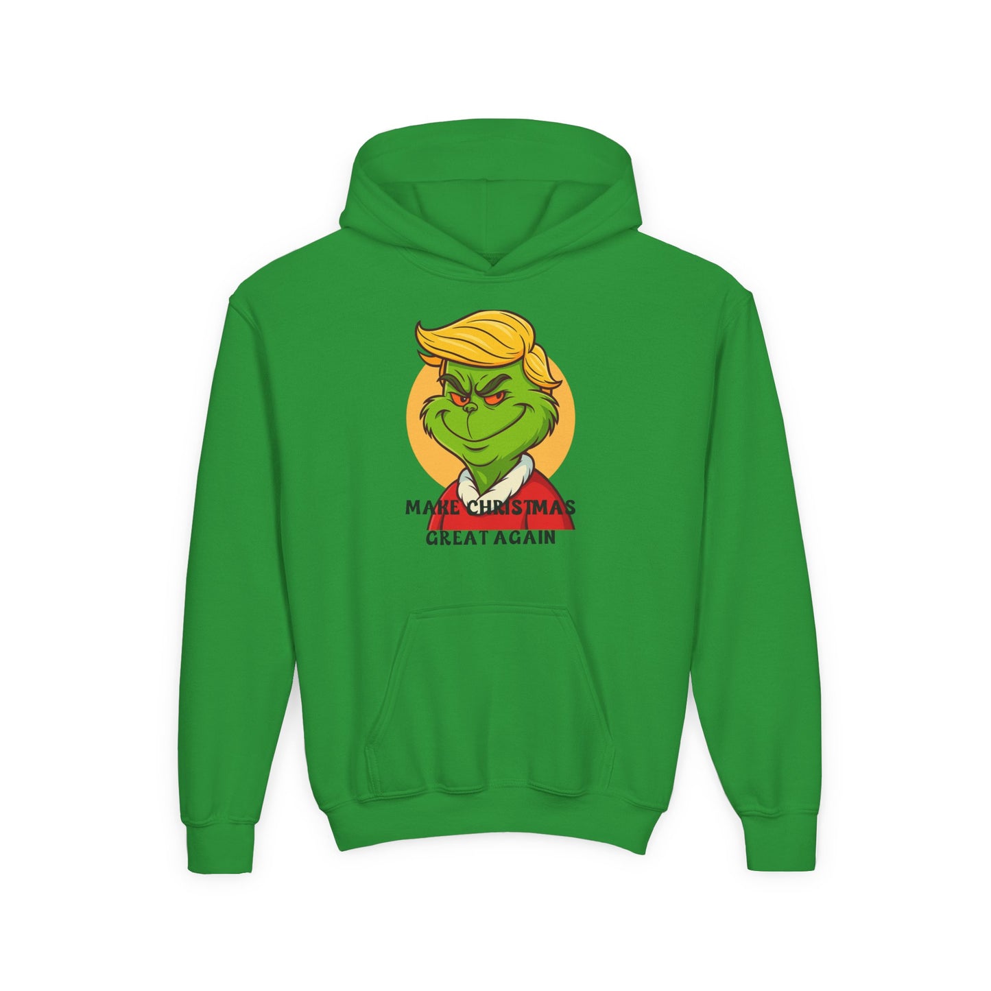 Youth Hoodie — Grinch Face Holiday Sweatshirt with 'Make Christmas Great Again' Text