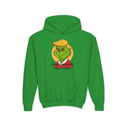 Youth Hoodie — Grinch Face Holiday Sweatshirt with 'Make Christmas Great Again' Text