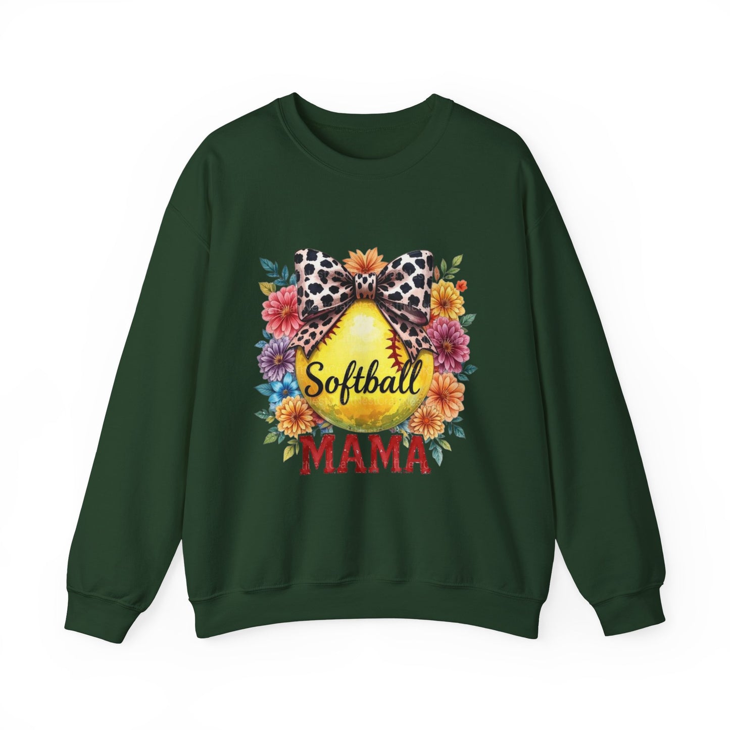 Softball Mama Crewneck Sweatshirt — Floral Softball Design with Leopard Bow