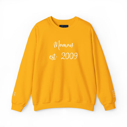 Embroidered Mamaw est. 2009- Grandkids on Wrist - Crewneck Sweatshirt — Personalized Grandma Gift
