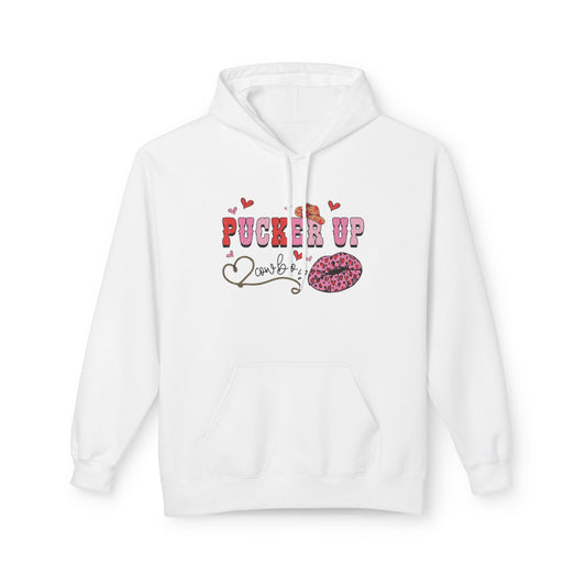 Pucker Up Hoodie — Pink Lip Print Valentine’s Graphic Sweatshirt