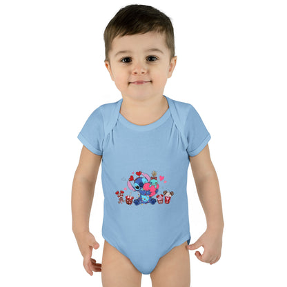 Stitch Valentine Baby Bodysuit — Cute Disney-Inspired Infant Onesie with Hearts & Treats