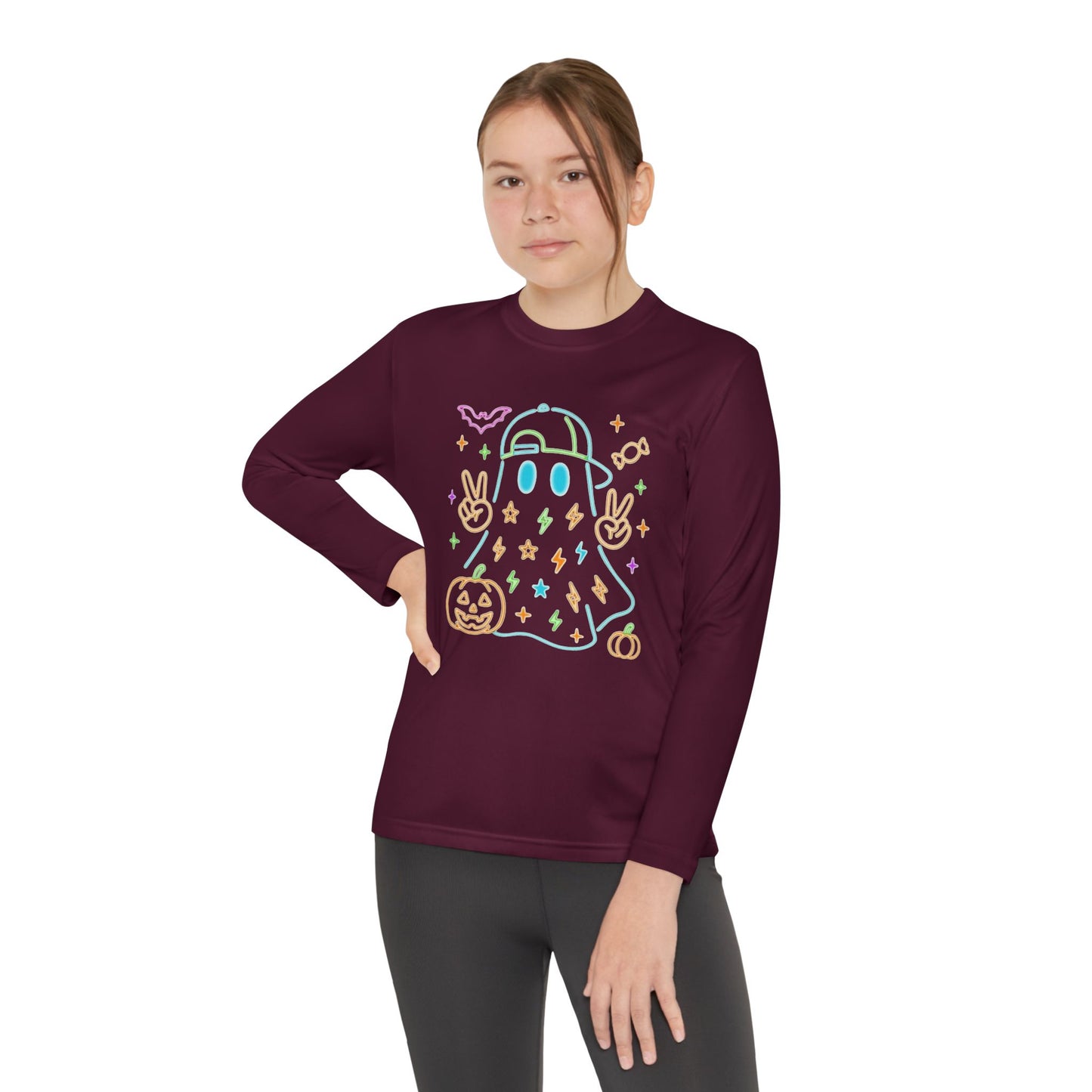 Youth Long Sleeve Ghost Tee, Halloween Shirt, Pumpkin Design, Cute Apparel, Kids' Holiday Wear, Spooky Fun Top