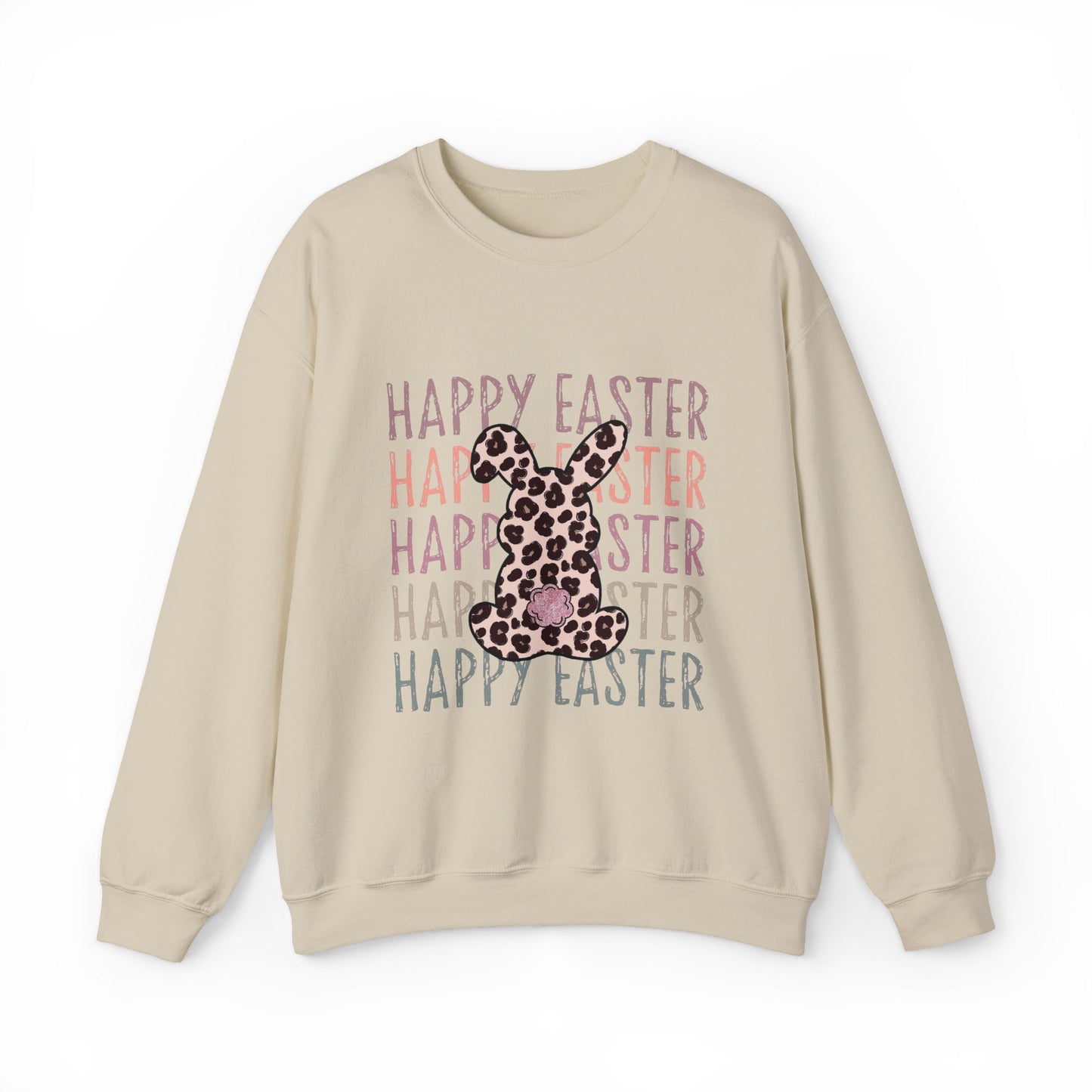 Easter Leopard Bunny Sweatshirt — "Happy Easter" Pastel Graphic Crewneck
