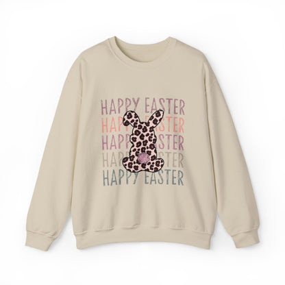 Easter Leopard Bunny Sweatshirt — "Happy Easter" Pastel Graphic Crewneck