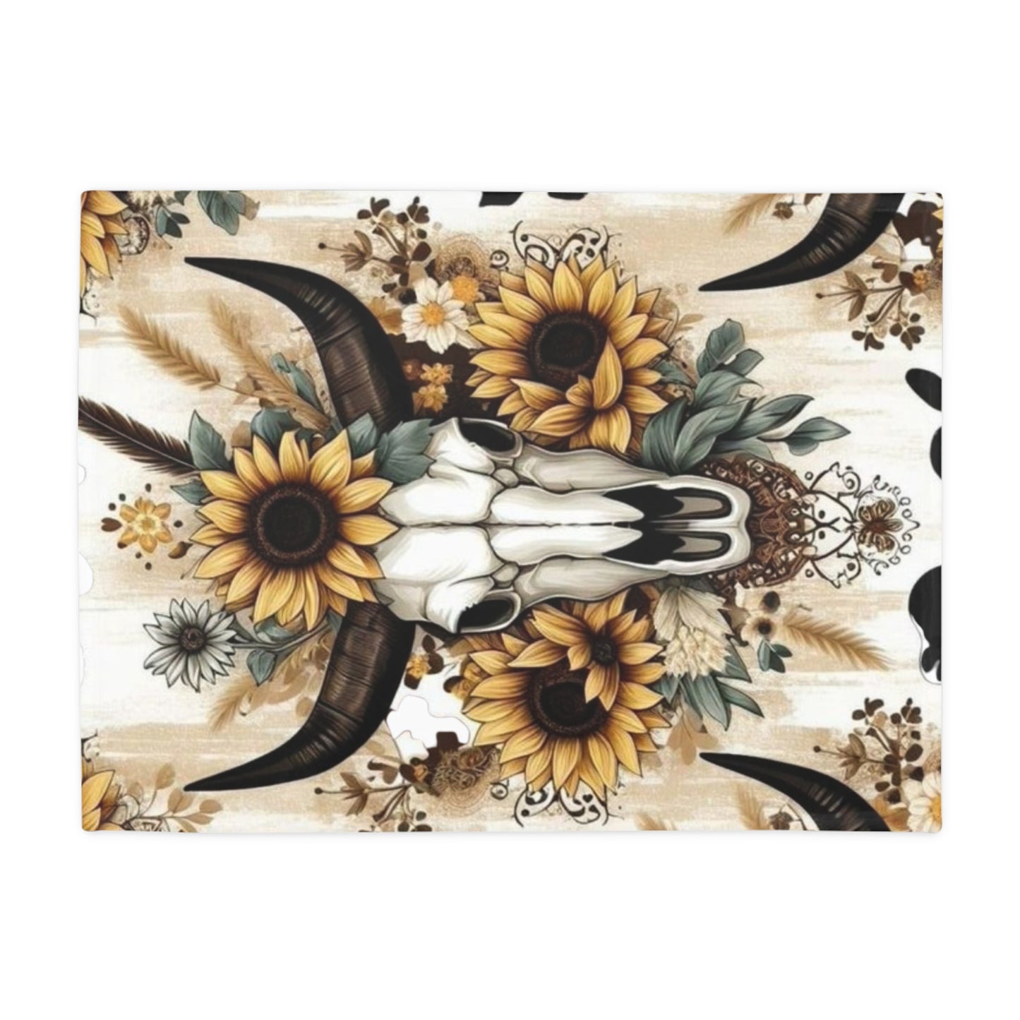 Floral Skull Bull Head Plush Fleece Blanket