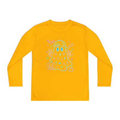 Youth Long Sleeve Ghost Tee, Halloween Shirt, Pumpkin Design, Cute Apparel, Kids' Holiday Wear, Spooky Fun Top