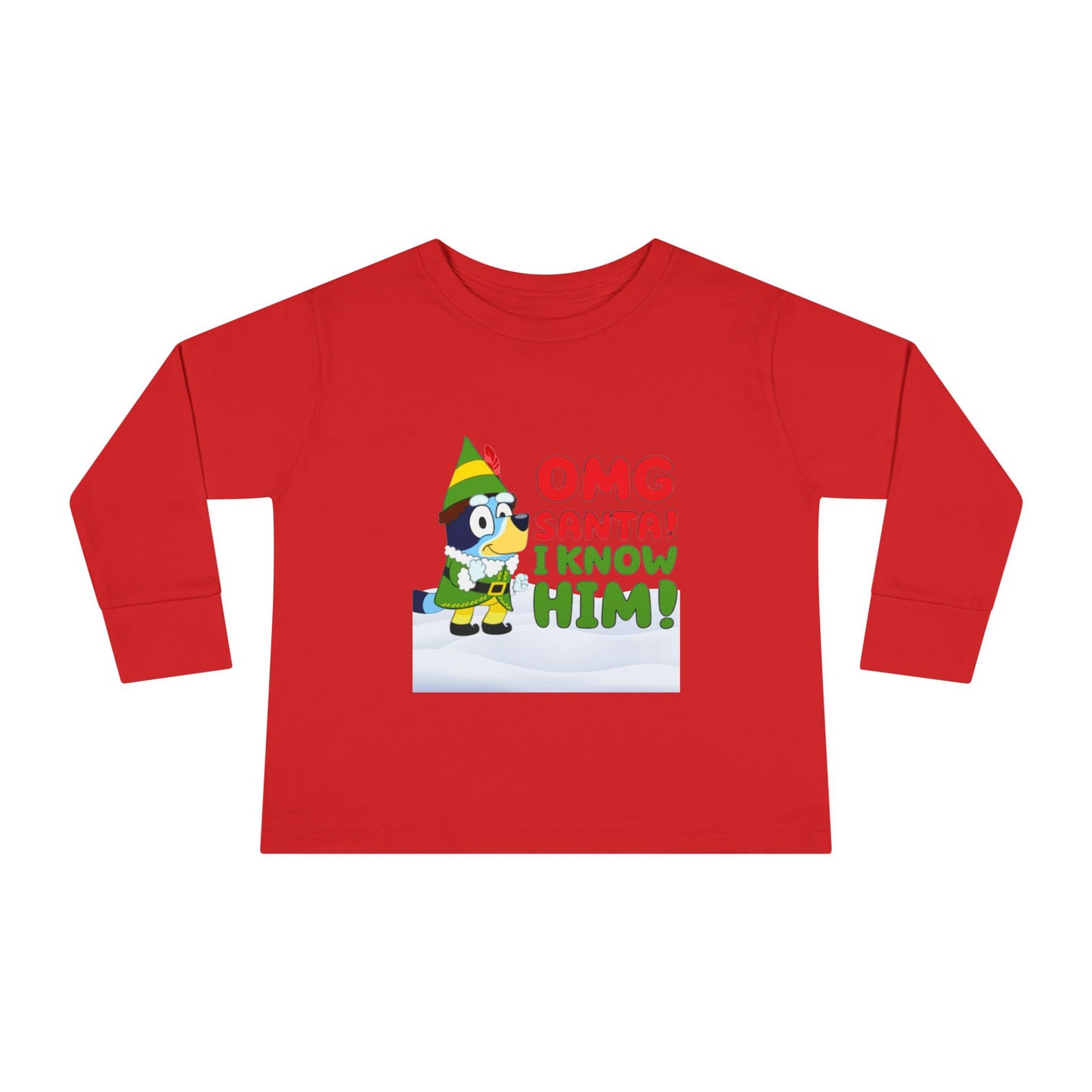BLUE-Y Toddler Long Sleeve Tee — "OMG Santa! I Know Him!" DOG Christmas Shirt