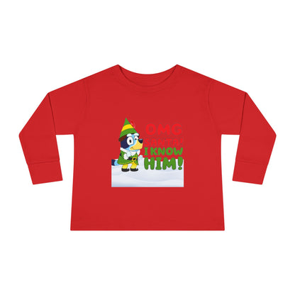 BLUE-Y Toddler Long Sleeve Tee — "OMG Santa! I Know Him!" DOG Christmas Shirt