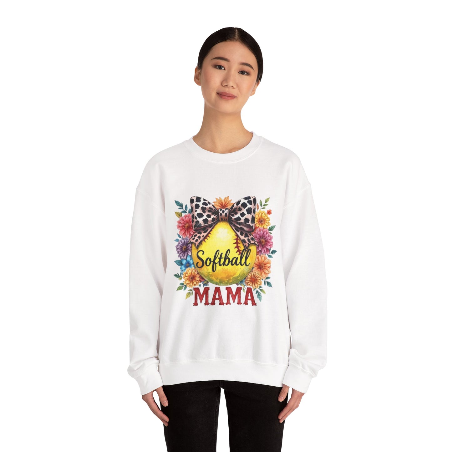 Softball Mama Crewneck Sweatshirt — Floral Softball Design with Leopard Bow