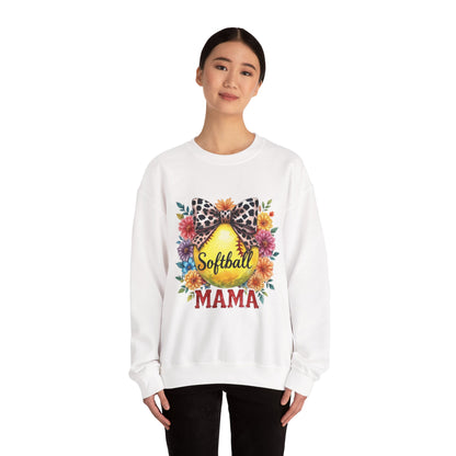 Softball Mama Crewneck Sweatshirt — Floral Softball Design with Leopard Bow