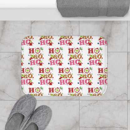 White- Grinch Holiday-Themed Bath Mat with Cheerful 'Ho Ho Ho' Design,